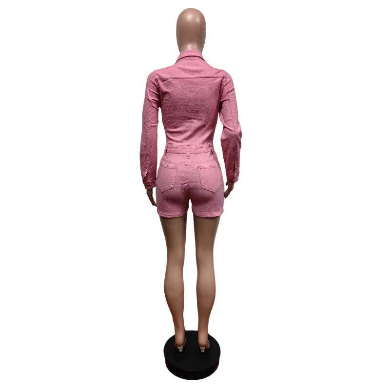 MB FASHION Long Sleeve Button-Up Denim Romper 8622LY