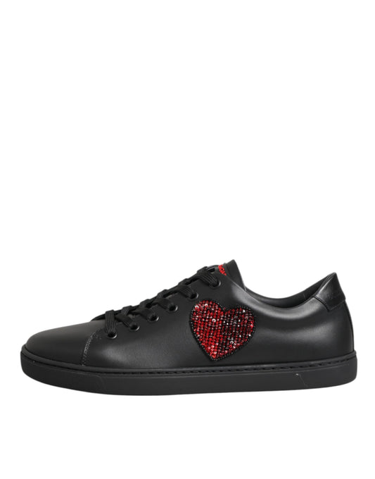 Dolce & Gabbana Black Leather Crystal Heart Low Top Sneakers Shoes