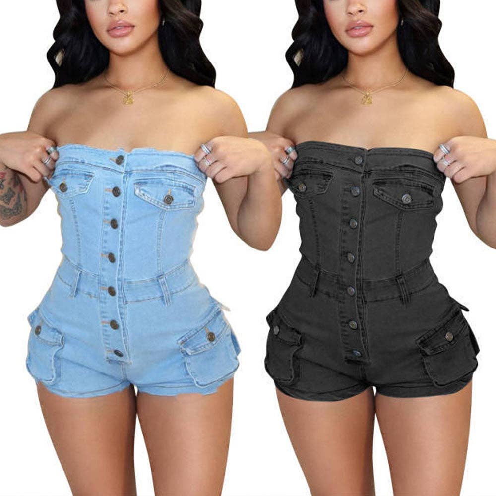 MB FASHION Strapless Button-Up Denim Romper