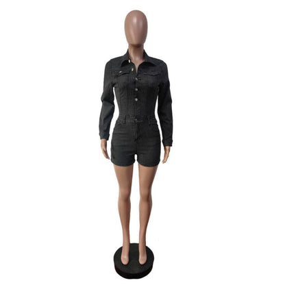 MB FASHION Long Sleeve Button-Up Denim Romper 8622LY