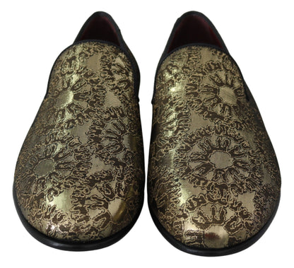 Dolce & Gabbana Gold Jacquard Flats Mens Loafers Shoes