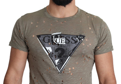 Guess Brown Cotton Stretch Logo Print Men Casual Perforated T-shirt