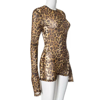 EVERY FASHION Long Sleeve Sheer Animal Print Jumpsuit with Open Back