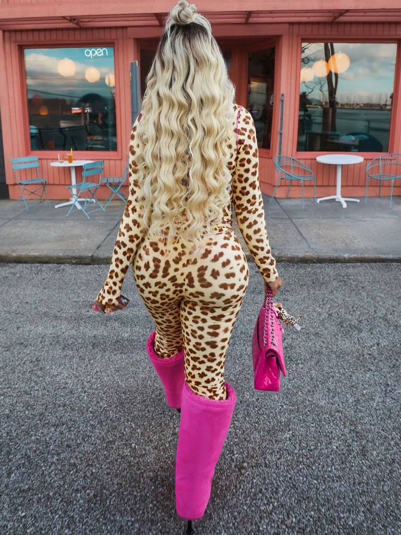 Two-Piece Leopard Print Long Sleeve Zip-Up Top & High-Waist Flare Pants Set