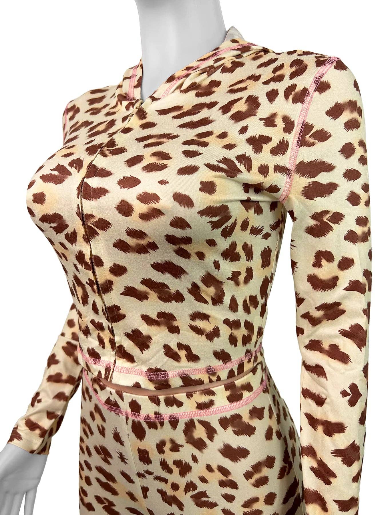 Two-Piece Leopard Print Long Sleeve Zip-Up Top & High-Waist Flare Pants Set