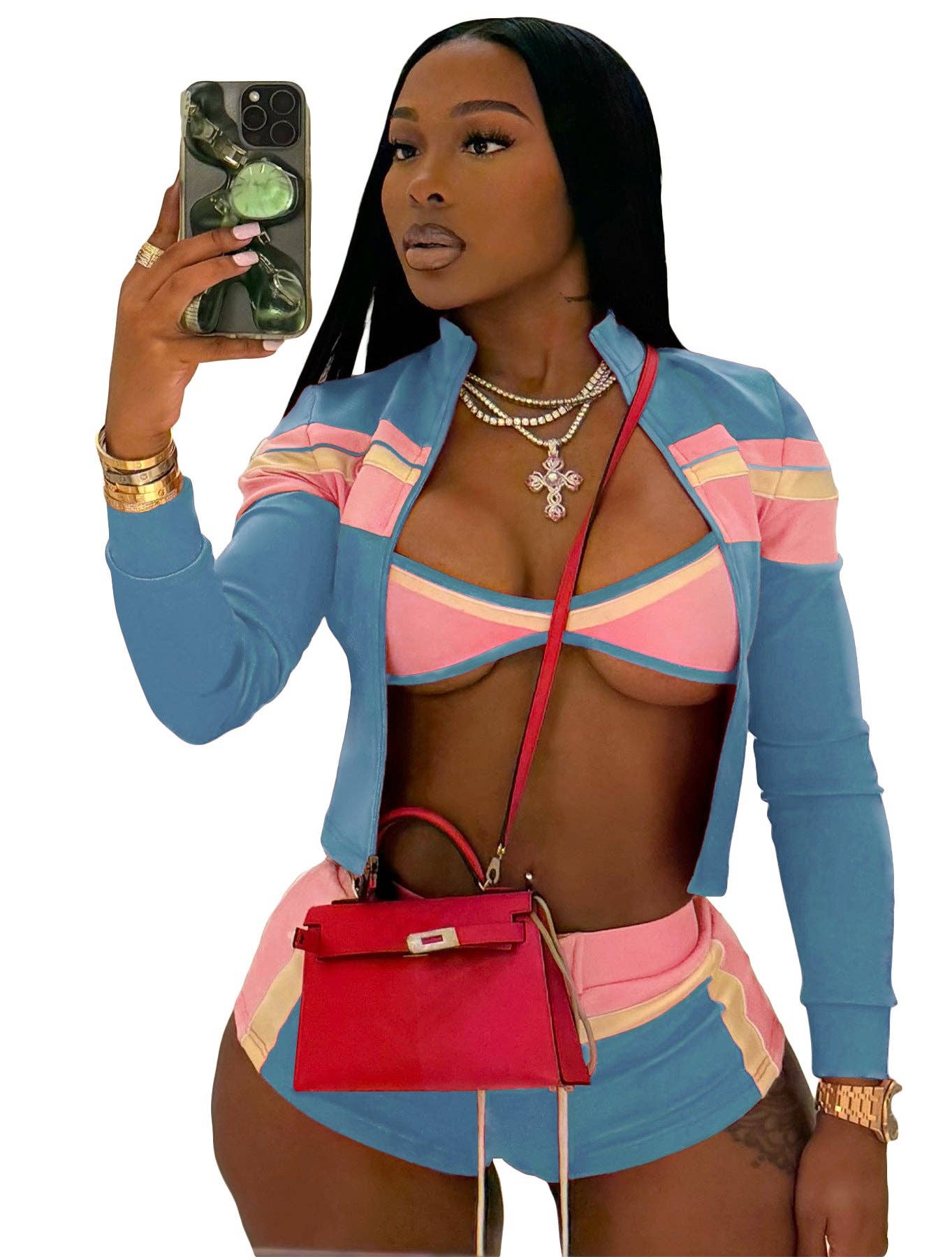 Three-Piece Zip-Up Jacket, Crop Top, and Lace-Up Shorts Set