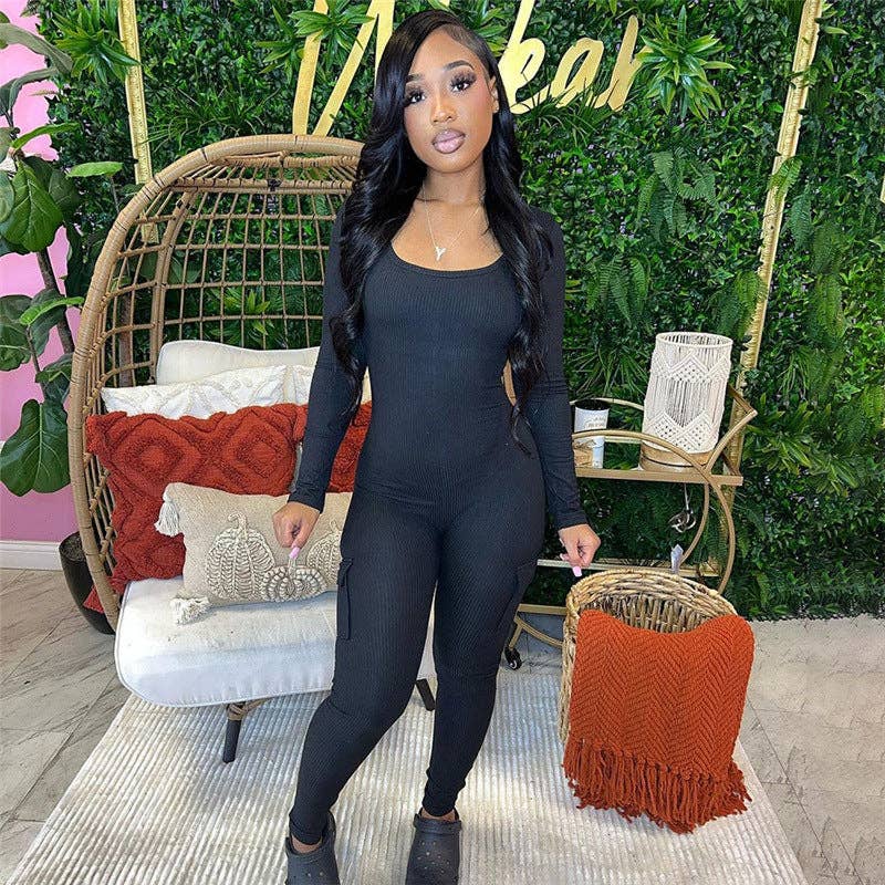 MB FASHION RIBBED JUMPSUITS WITH CARGO POCKETS 6414LY