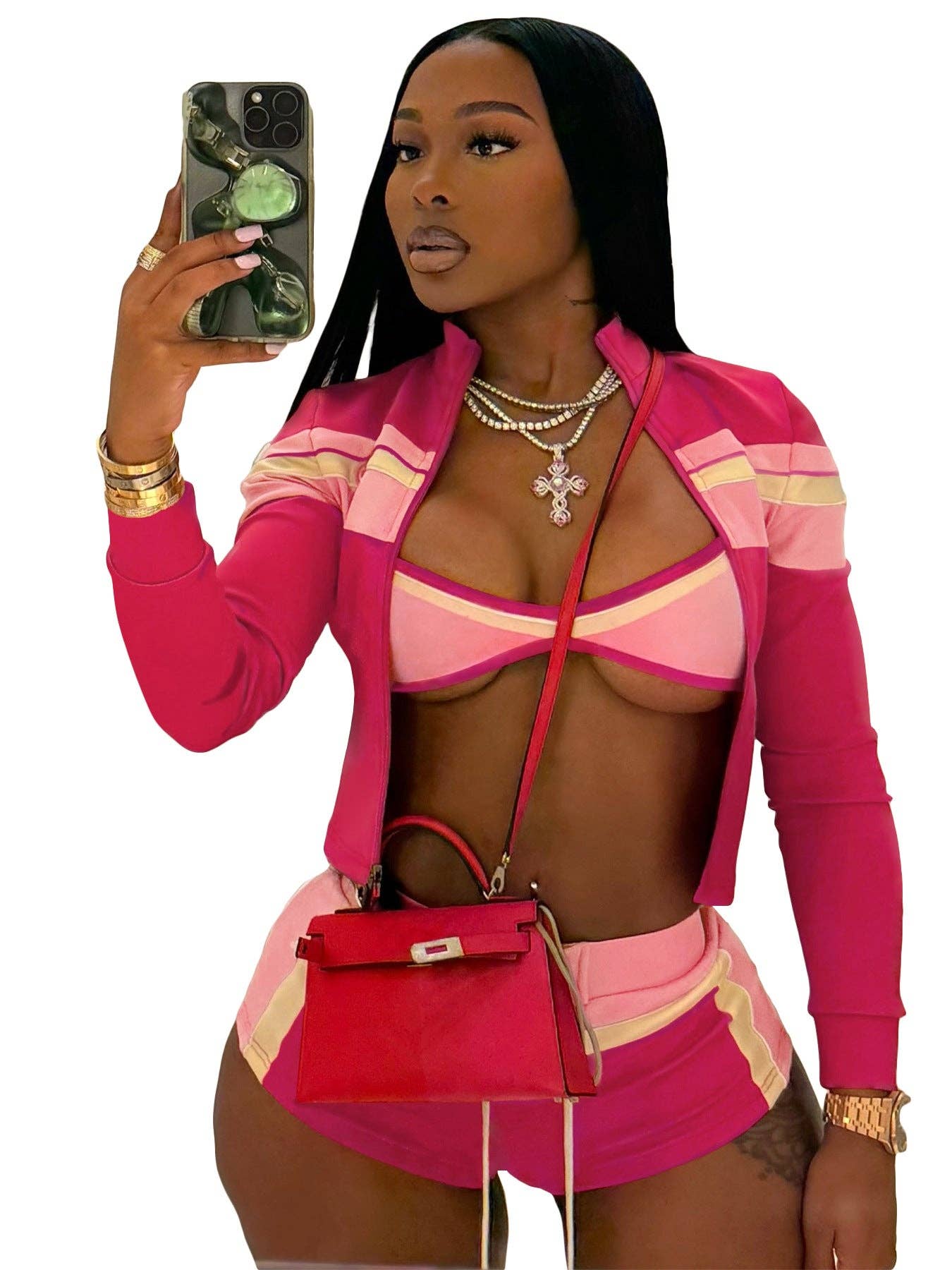 Three-Piece Zip-Up Jacket, Crop Top, and Lace-Up Shorts Set