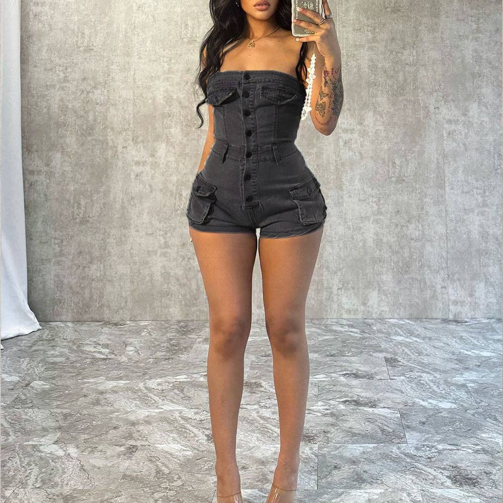 MB FASHION Strapless Button-Up Denim Romper