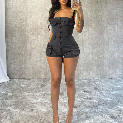 MB FASHION Strapless Button-Up Denim Romper