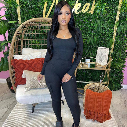 MB FASHION RIBBED JUMPSUITS WITH CARGO POCKETS 6414LY