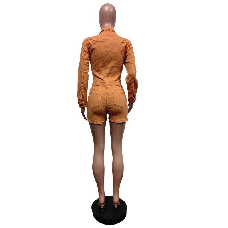 MB FASHION Long Sleeve Button-Up Denim Romper 8622LY