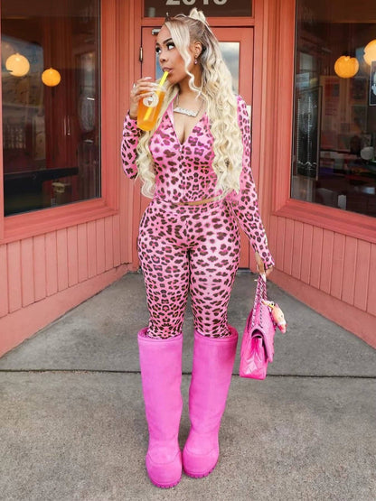Two-Piece Leopard Print Long Sleeve Zip-Up Top & High-Waist Flare Pants Set