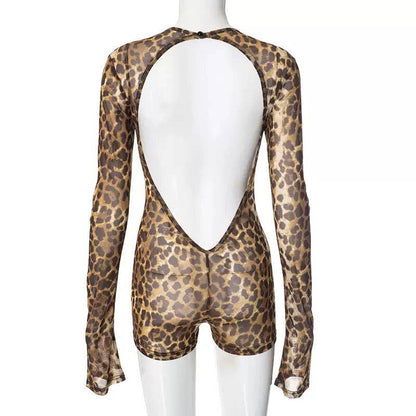 EVERY FASHION Long Sleeve Sheer Animal Print Jumpsuit with Open Back