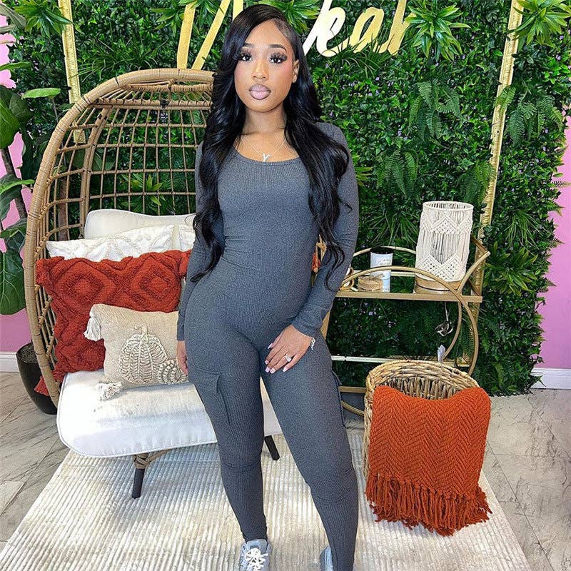 MB FASHION RIBBED JUMPSUITS WITH CARGO POCKETS 6414LY