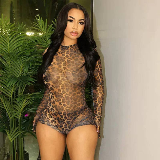 EVERY FASHION Long Sleeve Sheer Animal Print Jumpsuit with Open Back