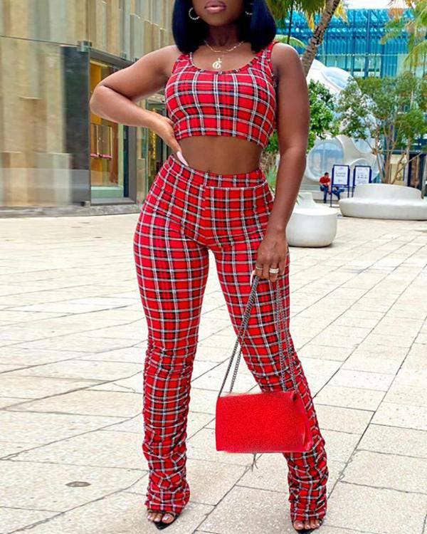 Plaid print crop top high waist fold pants set