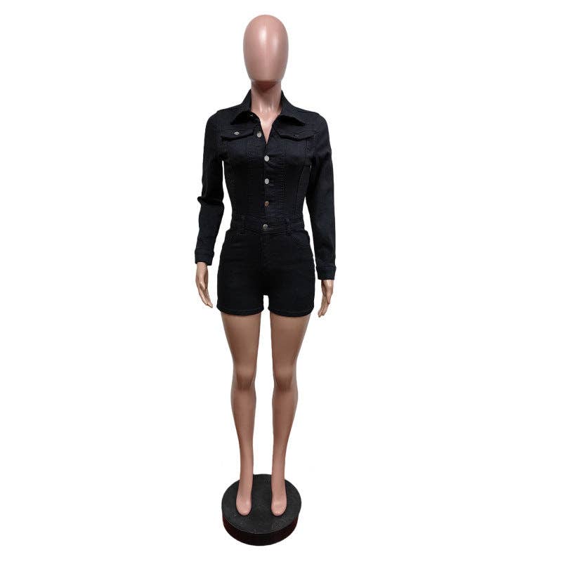 MB FASHION Long Sleeve Button-Up Denim Romper 8622LY