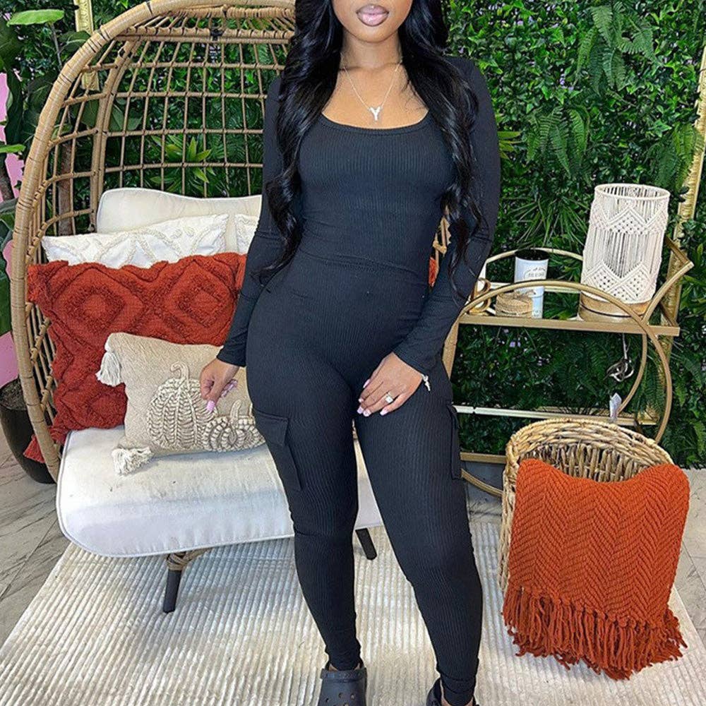 MB FASHION RIBBED JUMPSUITS WITH CARGO POCKETS 6414LY