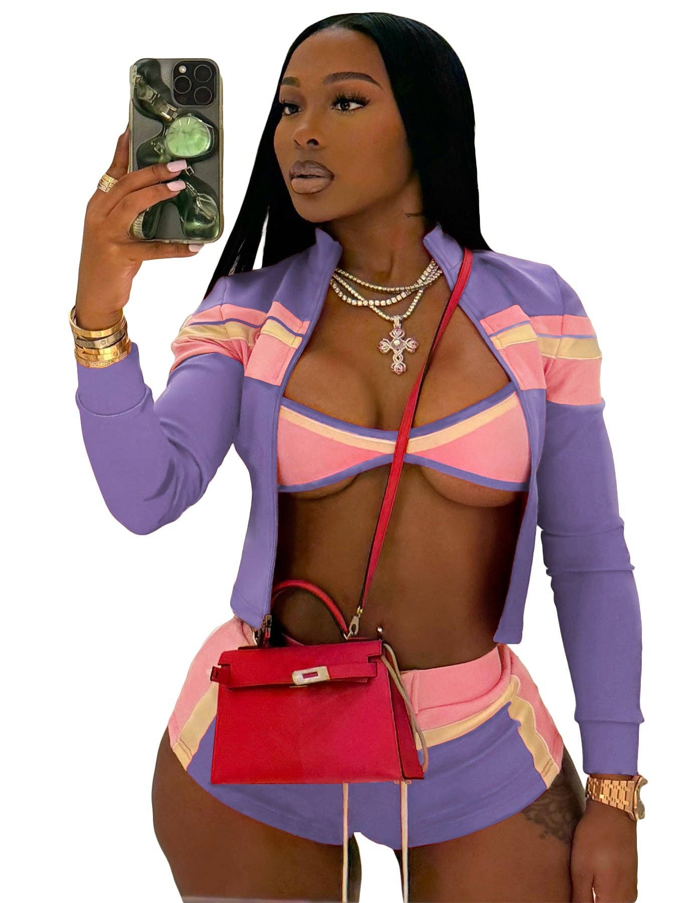 Three-Piece Zip-Up Jacket, Crop Top, and Lace-Up Shorts Set