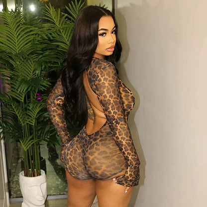 EVERY FASHION Long Sleeve Sheer Animal Print Jumpsuit with Open Back
