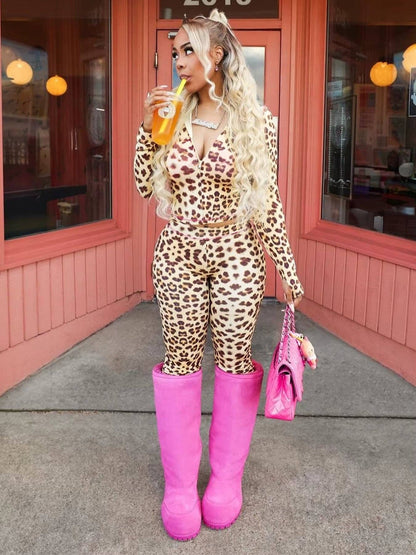Two-Piece Leopard Print Long Sleeve Zip-Up Top & High-Waist Flare Pants Set