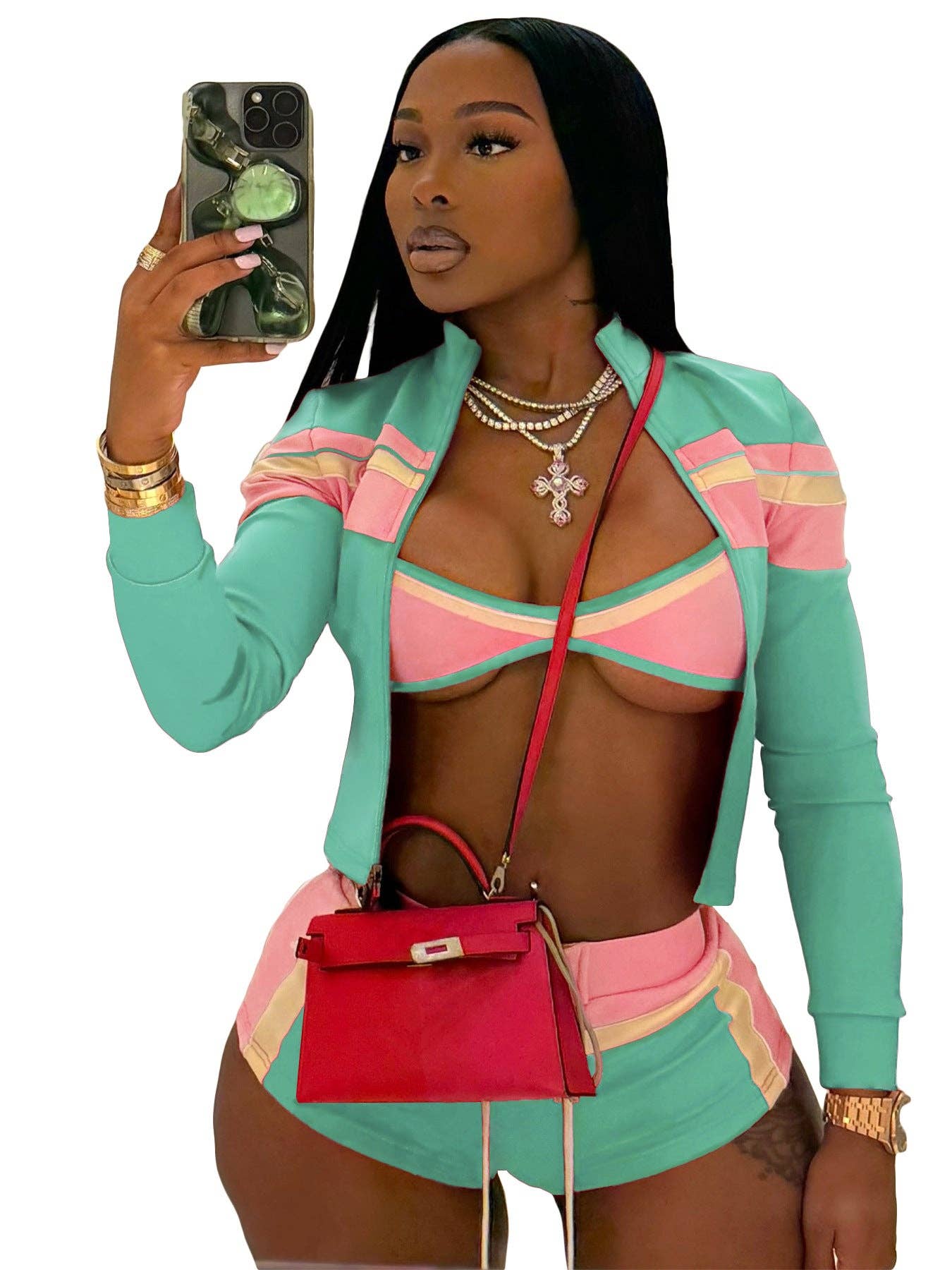 Three-Piece Zip-Up Jacket, Crop Top, and Lace-Up Shorts Set