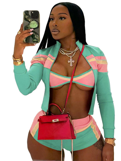 Three-Piece Zip-Up Jacket, Crop Top, and Lace-Up Shorts Set