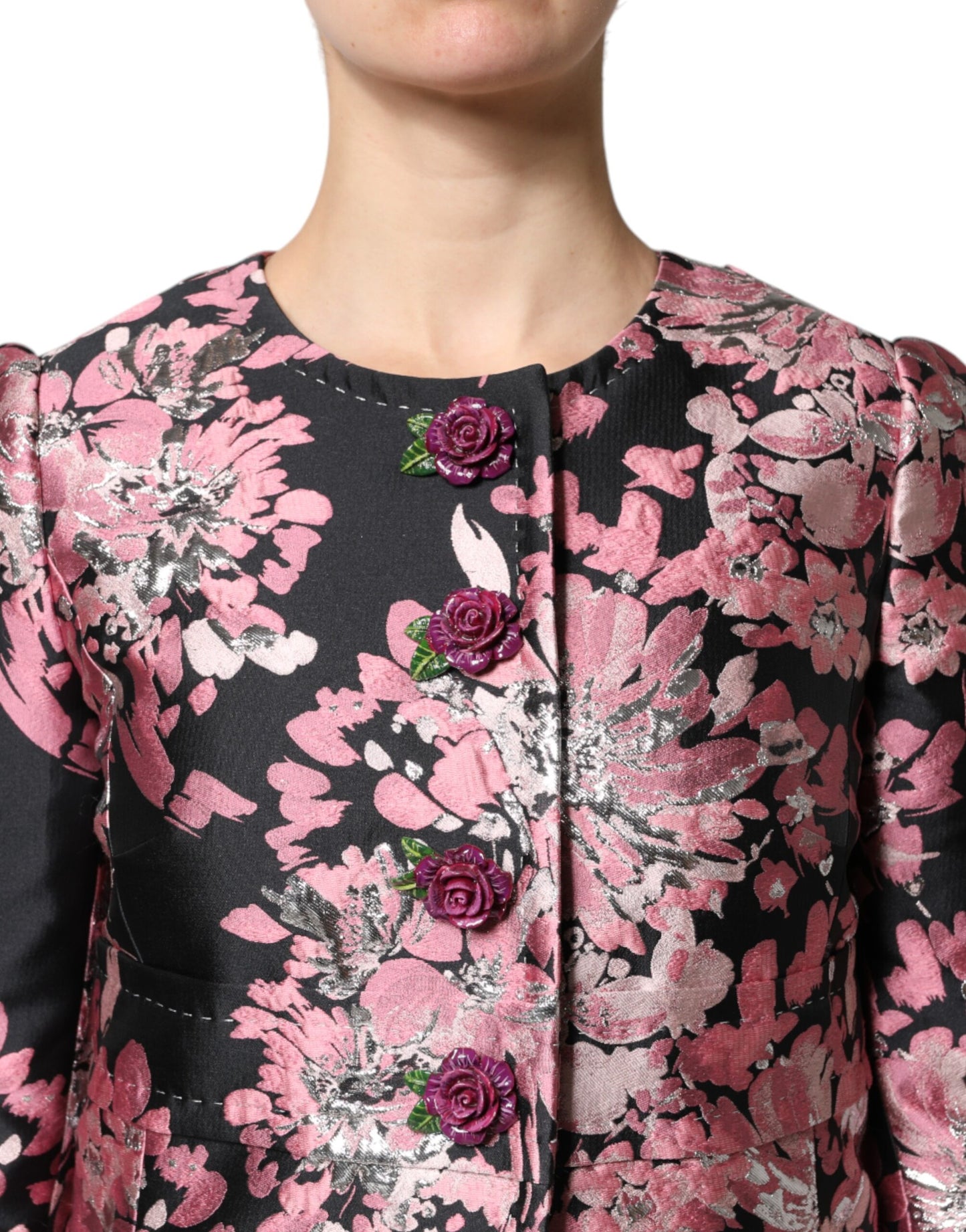 Dolce & Gabbana Pink Black Floral Brocade Trenchcoat Jacket