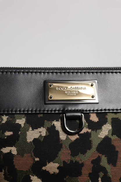 Dolce & Gabbana Multicolor Leopard Jacquard Print Logo Plaque Pouch Bag