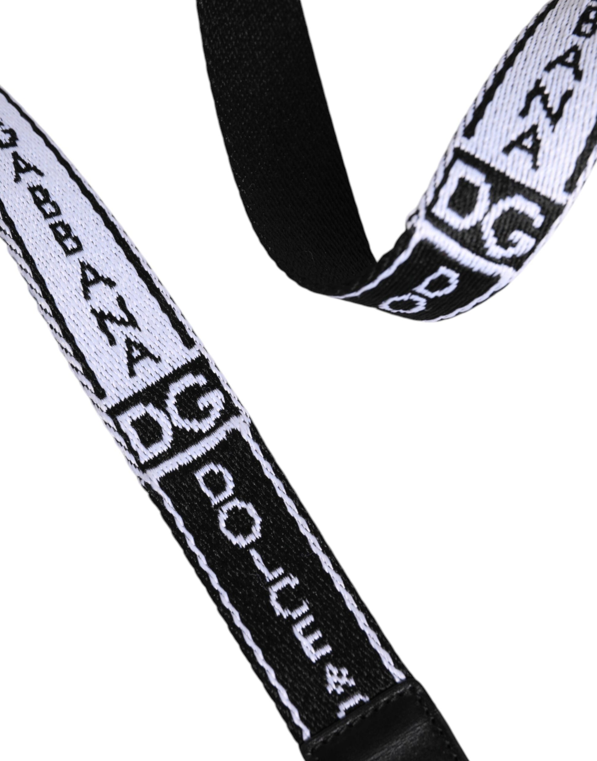 Black and white lanyard with text on a white background