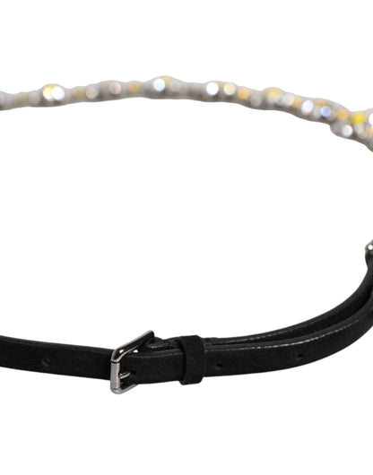 Dolce & Gabbana Black Leather Daisy Crystal Embellish Waist Belt