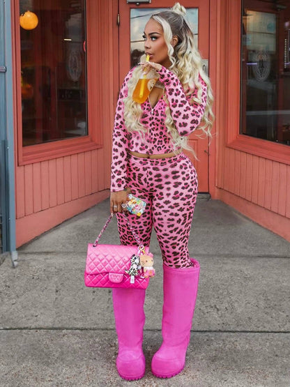 Two-Piece Leopard Print Long Sleeve Zip-Up Top & High-Waist Flare Pants Set