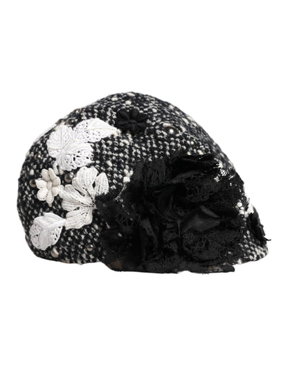 Dolce & Gabbana Black Wool White Floral Embellished Cloche Hat