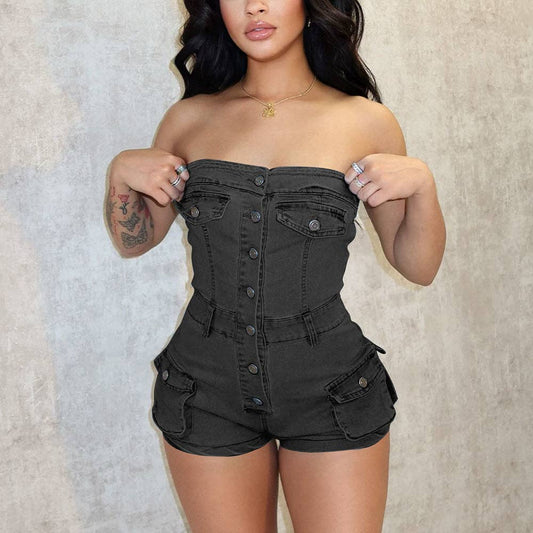 MB FASHION Strapless Button-Up Denim Romper