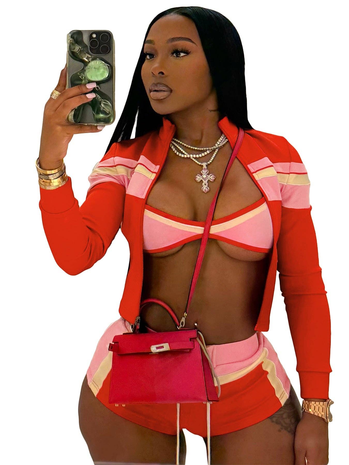 Three-Piece Zip-Up Jacket, Crop Top, and Lace-Up Shorts Set