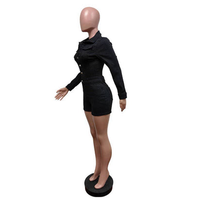 MB FASHION Long Sleeve Button-Up Denim Romper 8622LY