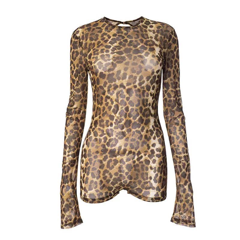 EVERY FASHION Long Sleeve Sheer Animal Print Jumpsuit with Open Back