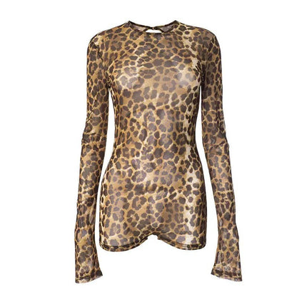 EVERY FASHION Long Sleeve Sheer Animal Print Jumpsuit with Open Back