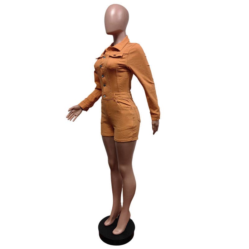 MB FASHION Long Sleeve Button-Up Denim Romper 8622LY