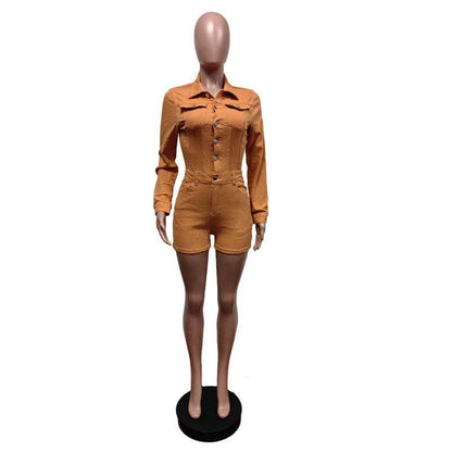 MB FASHION Long Sleeve Button-Up Denim Romper 8622LY