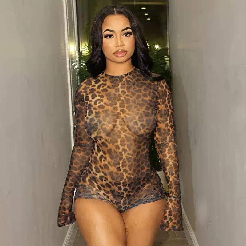 EVERY FASHION Long Sleeve Sheer Animal Print Jumpsuit with Open Back