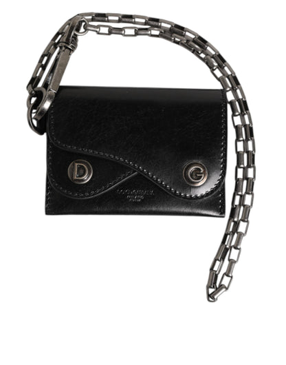 Dolce & Gabbana Black Cavallo Leather Wallet Chain Snap Bifold Card Holder