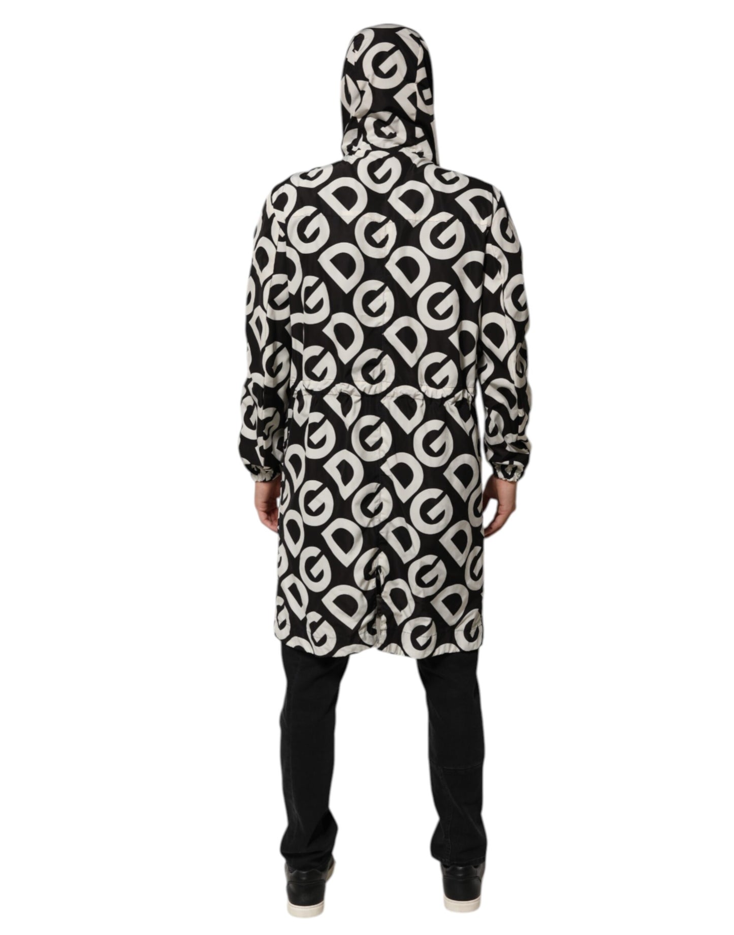 Dolce & Gabbana Black White Logo Print Hooded Coat Men Jacket
