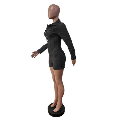 MB FASHION Long Sleeve Button-Up Denim Romper 8622LY