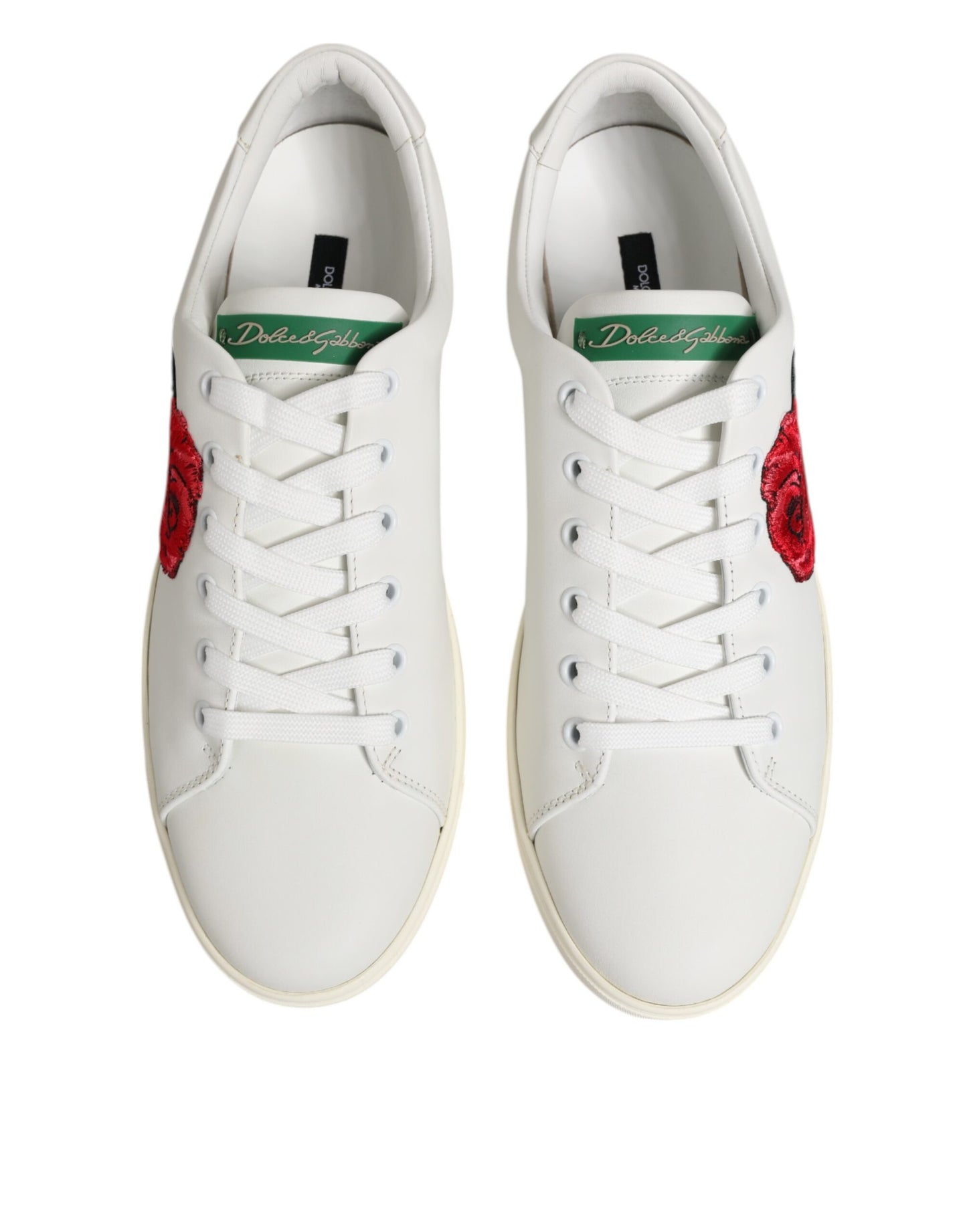 Dolce & Gabbana White Leather Rose Embroidery Low-Top  Shoes