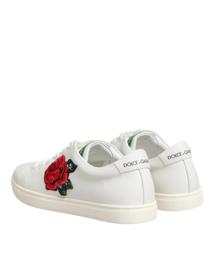 Dolce & Gabbana White Leather Rose Embroidery Low-Top  Shoes