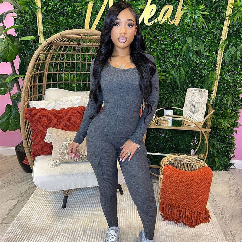 MB FASHION RIBBED JUMPSUITS WITH CARGO POCKETS 6414LY