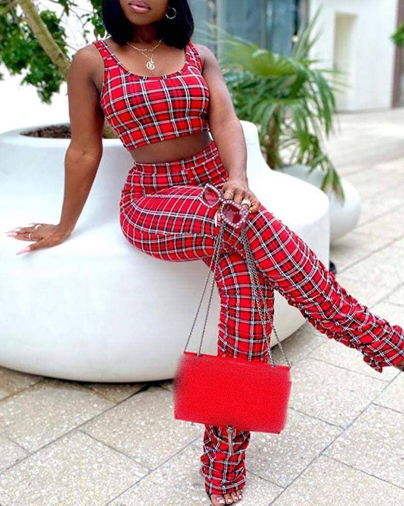 Plaid print crop top high waist fold pants set