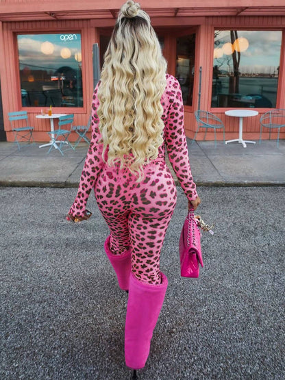 Two-Piece Leopard Print Long Sleeve Zip-Up Top & High-Waist Flare Pants Set